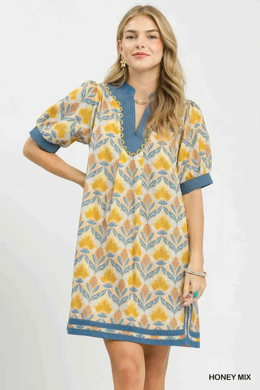 Honey Mix Tile Print Mini Dress with Pockets by Umgee Front View