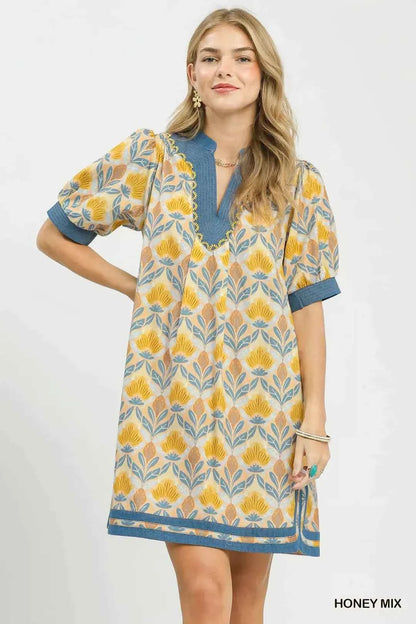 Honey Mix Tile Print Mini Dress with Pockets by Umgee Front View