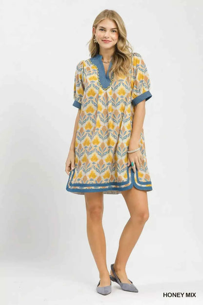 Honey Mix Tile Print Mini Dress with Pockets by Umgee Full View