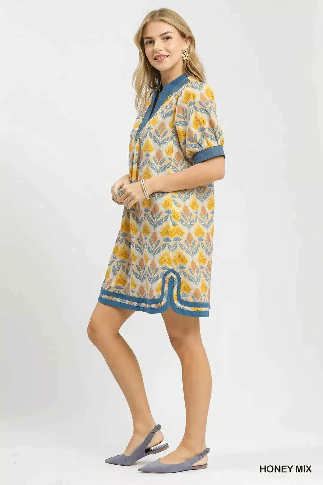 Honey Mix Tile Print Mini Dress with Pockets by Umgee Side View 2