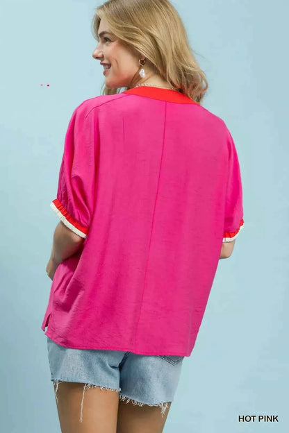 Umgee Embroidered Floral V-Neck Short Sleeve Blouse with Contrast Trim Back View