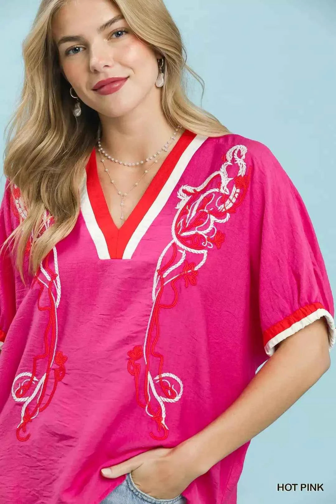 Umgee Embroidered Floral V-Neck Short Sleeve Blouse with Contrast Trim Close View