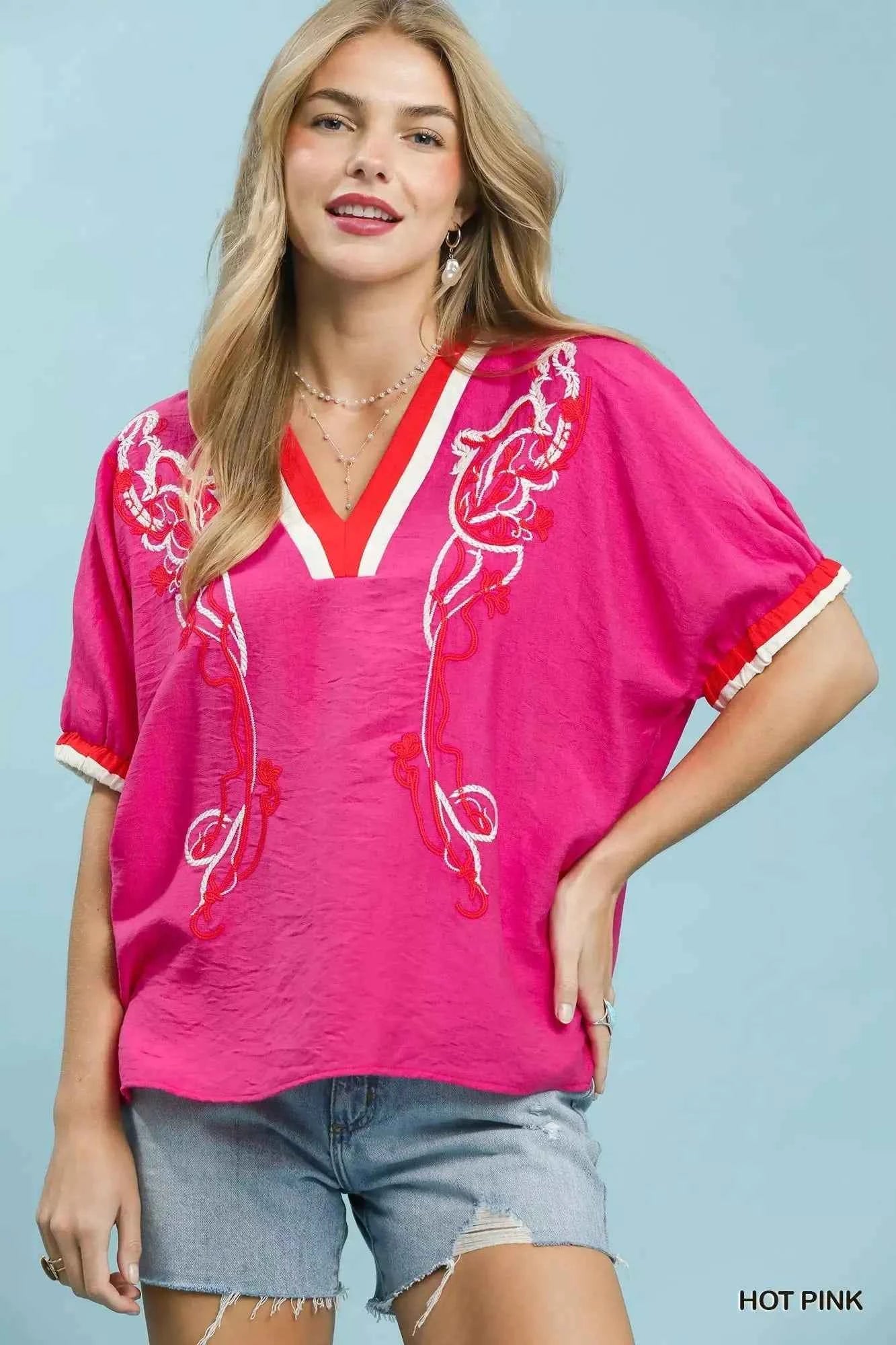 Umgee Embroidered Floral V-Neck Short Sleeve Blouse with Contrast Trim Front View 2