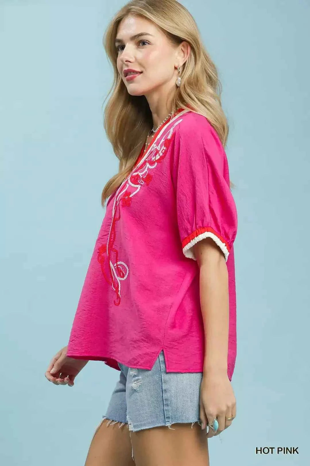 Umgee Embroidered Floral V-Neck Short Sleeve Blouse with Contrast Trim Side View