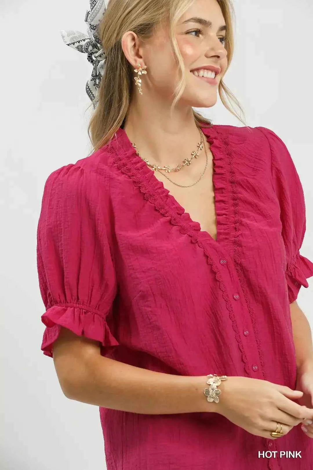 Hot Pink Textured Button-Front Puff Sleeve Top by Umgee Close View