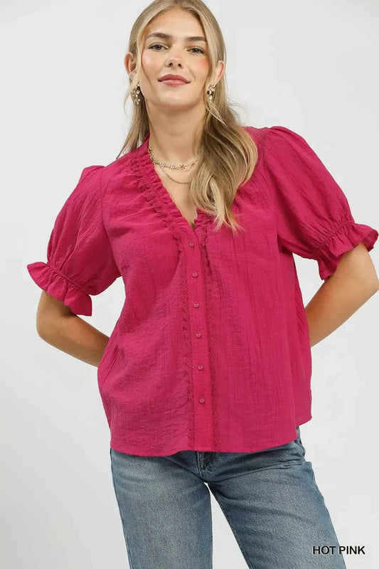 Hot Pink Textured Button-Front Puff Sleeve Top by Umgee Front View