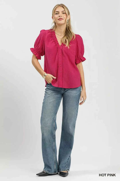 Hot Pink Textured Button-Front Puff Sleeve Top by Umgee Full View