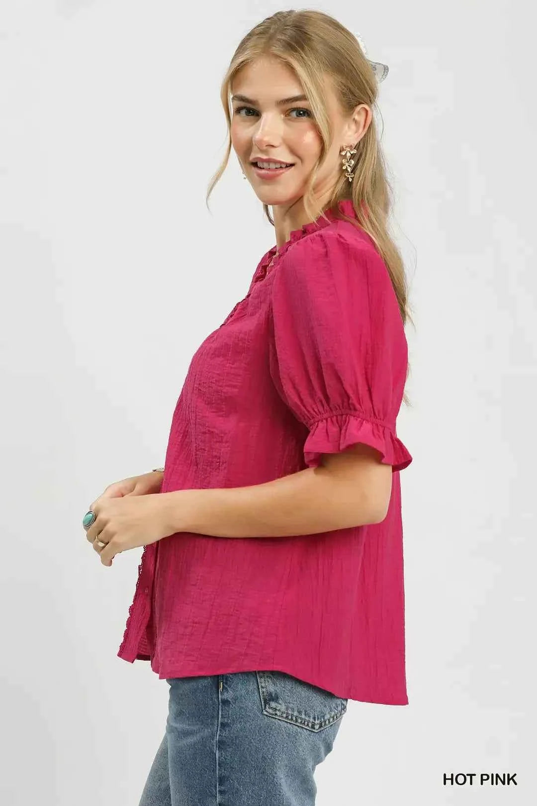 Hot Pink Textured Button-Front Puff Sleeve Top by Umgee Side View