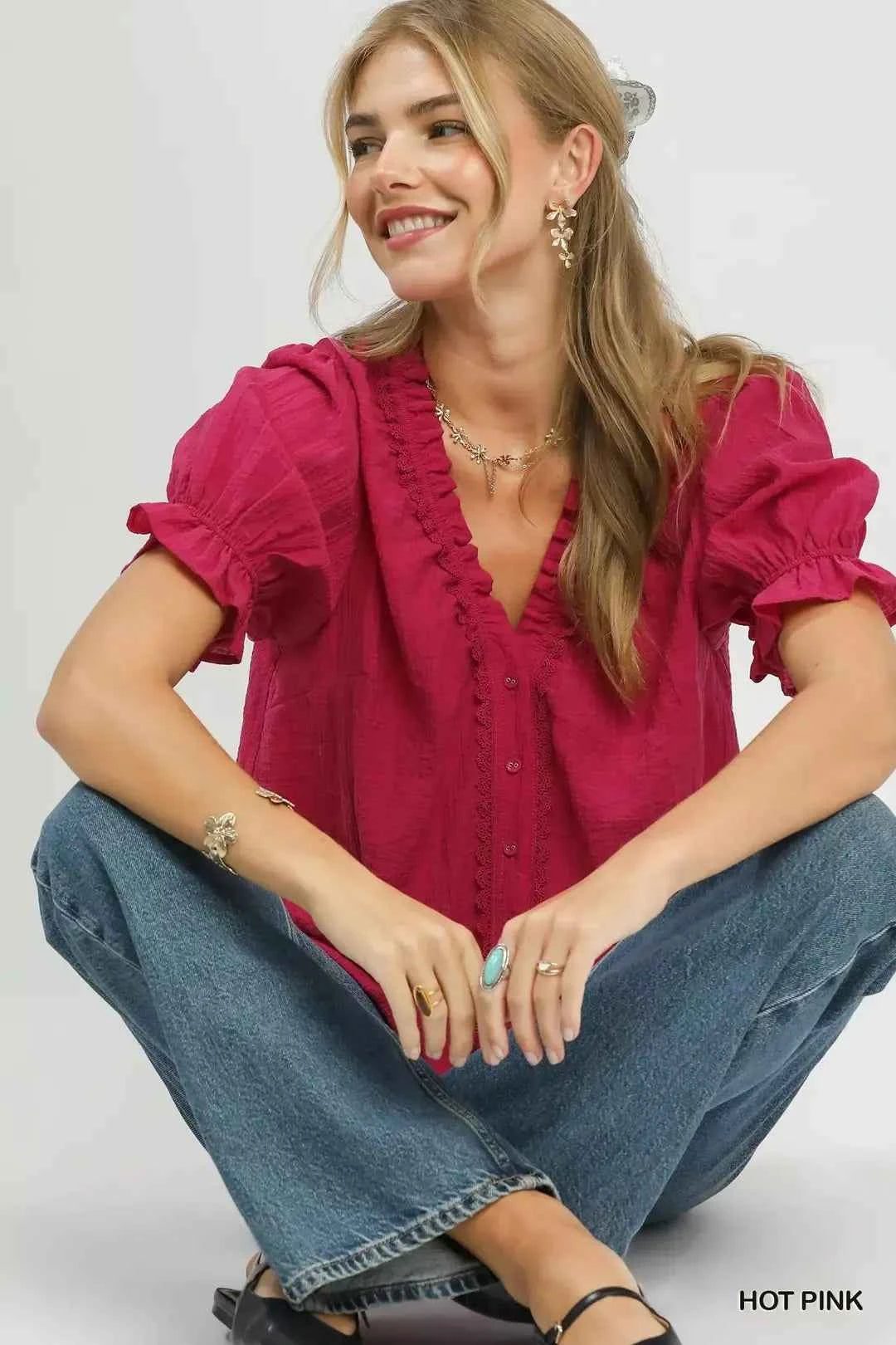 Hot Pink Textured Button-Front Puff Sleeve Top by Umgee Sitting