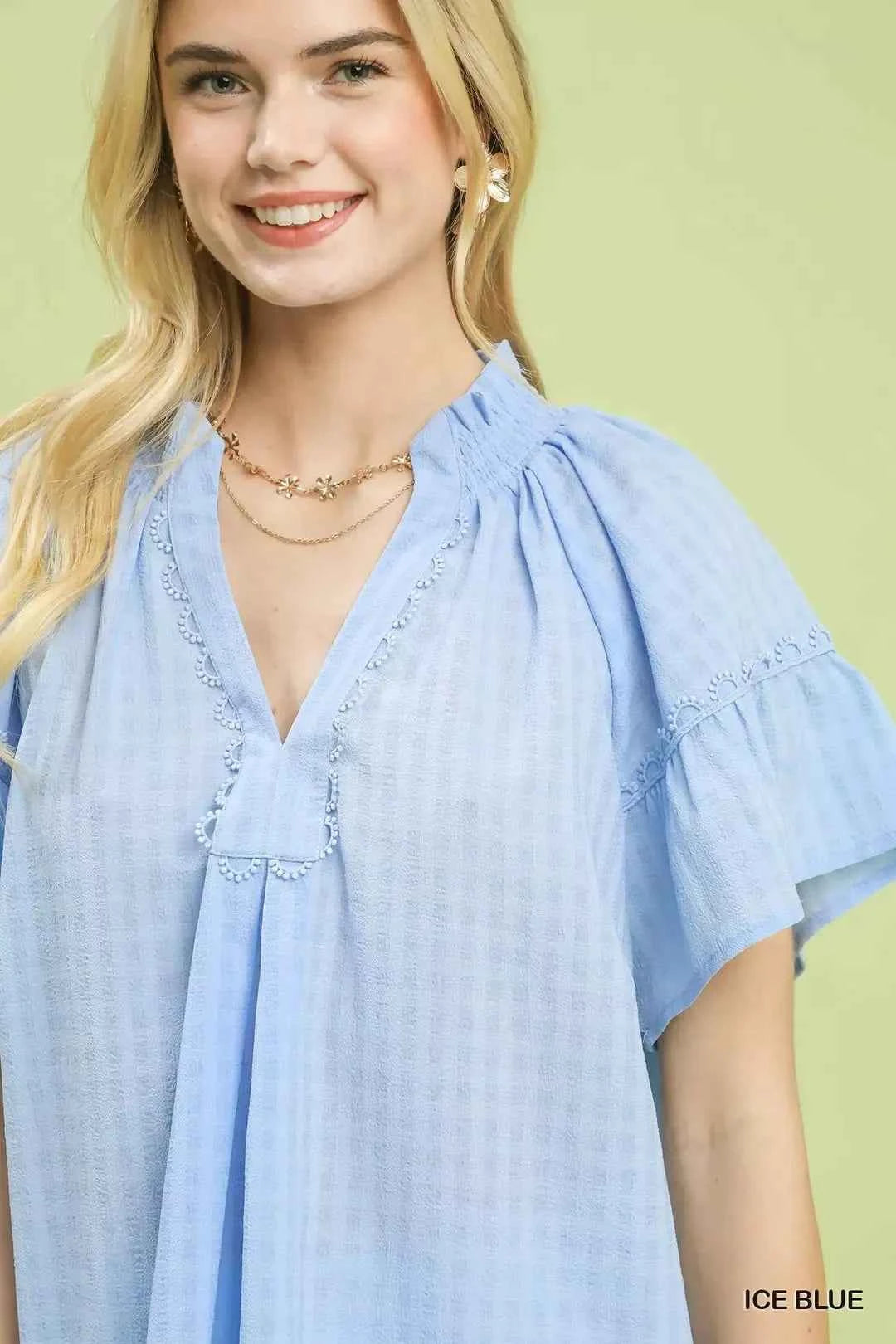 Ice Blue Gingham Puff Sleeve Top with Lace Trim by Umgee Close View