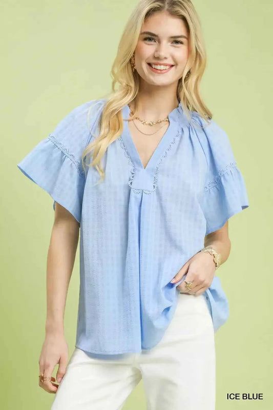 Ice Blue Gingham Puff Sleeve Top with Lace Trim by Umgee Front View
