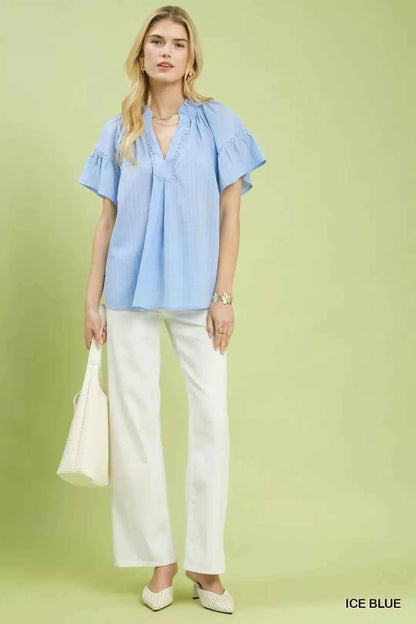 Ice Blue Gingham Puff Sleeve Top with Lace Trim by Umgee Full View