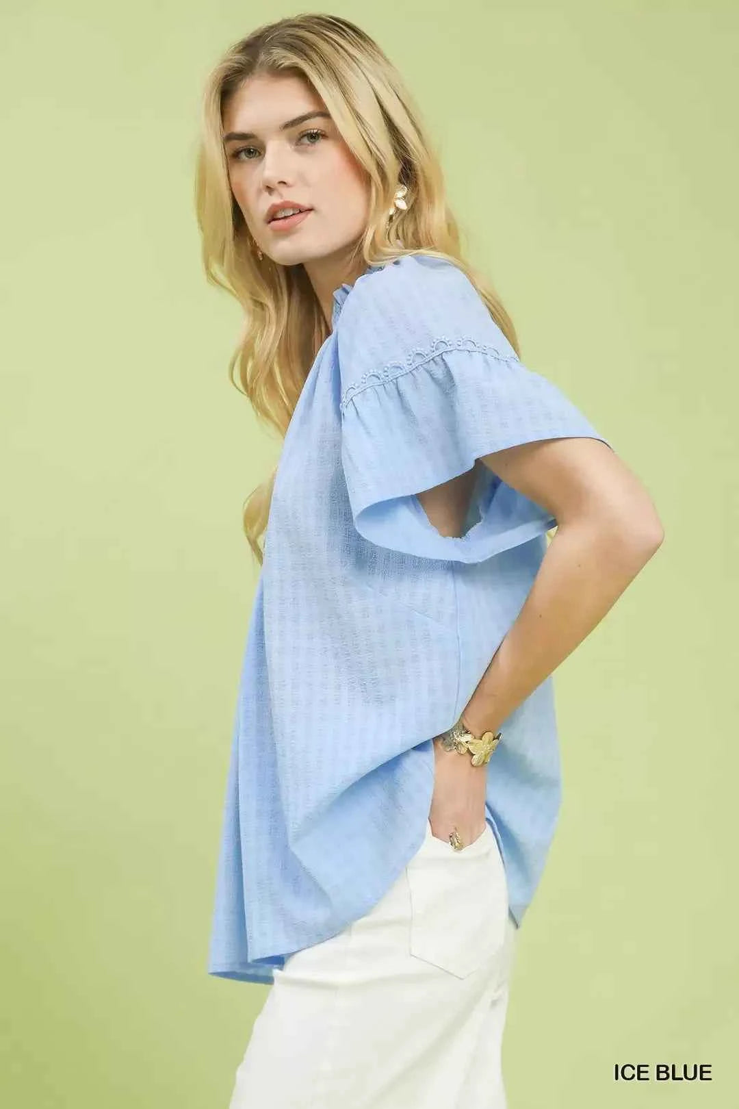 Ice Blue Gingham Puff Sleeve Top with Lace Trim by Umgee Side View