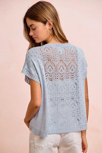 Ice Blue Washed Eyelet Short Sleeve Breathable Knit Top by BiBi Back View