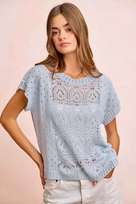 Ice Blue Washed Eyelet Short Sleeve Breathable Knit Top by BiBi Front View