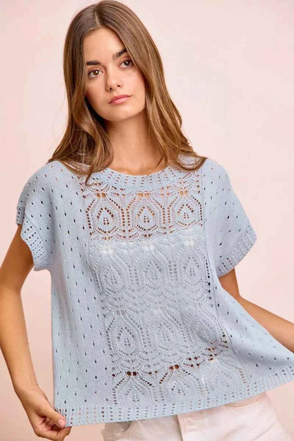Ice Blue Washed Eyelet Short Sleeve Breathable Knit Top by BiBi Stretch View