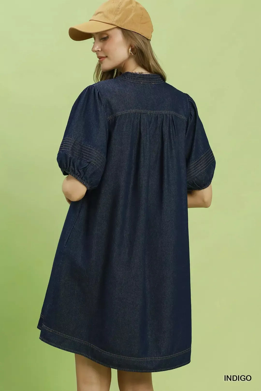 Indigo Notched Puff Sleeve Mini Dress with Pockets by Umgee Back View
