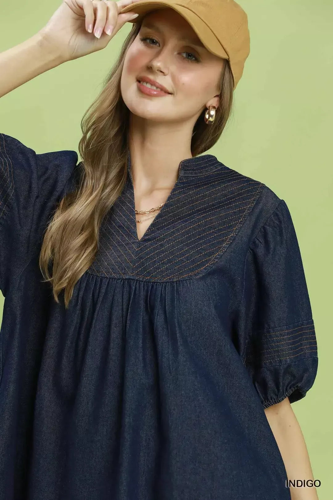 Indigo Notched Puff Sleeve Mini Dress with Pockets by Umgee Close View