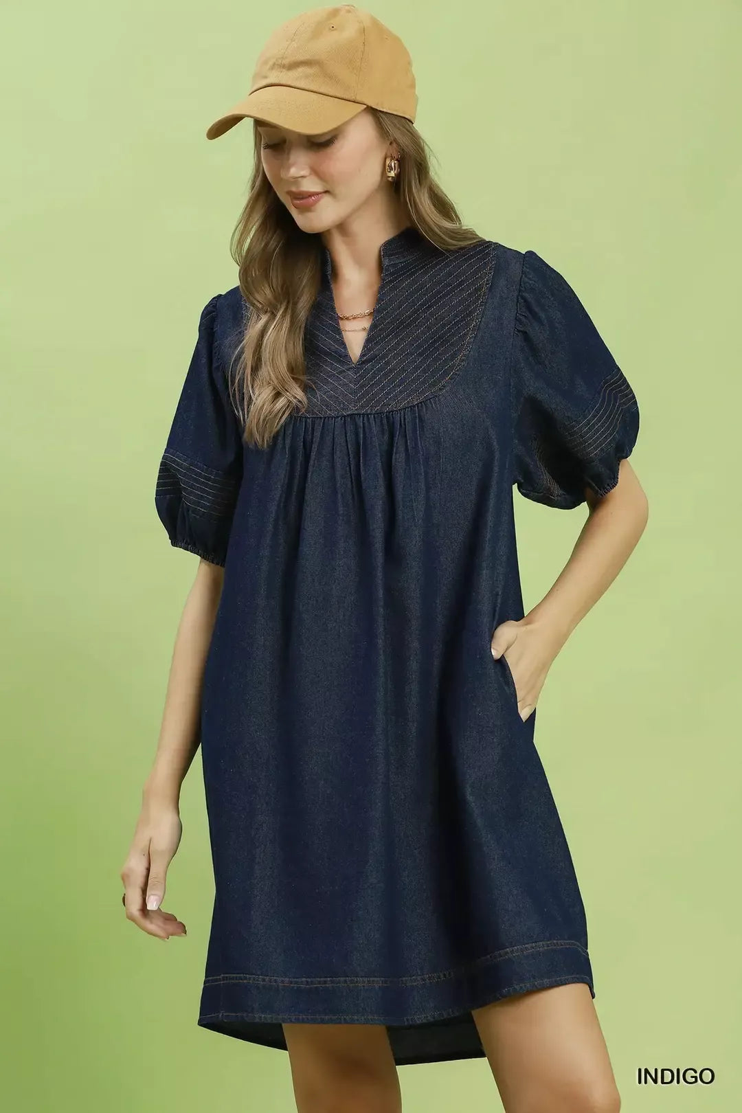 Indigo Notched Puff Sleeve Mini Dress with Pockets by Umgee Front View