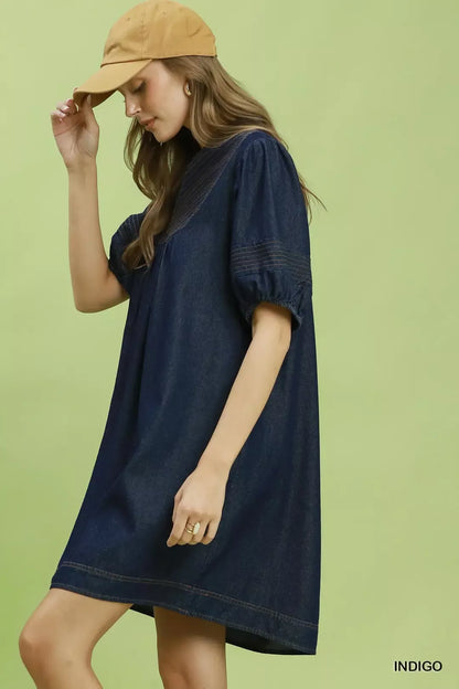 Indigo Notched Puff Sleeve Mini Dress with Pockets by Umgee Side View