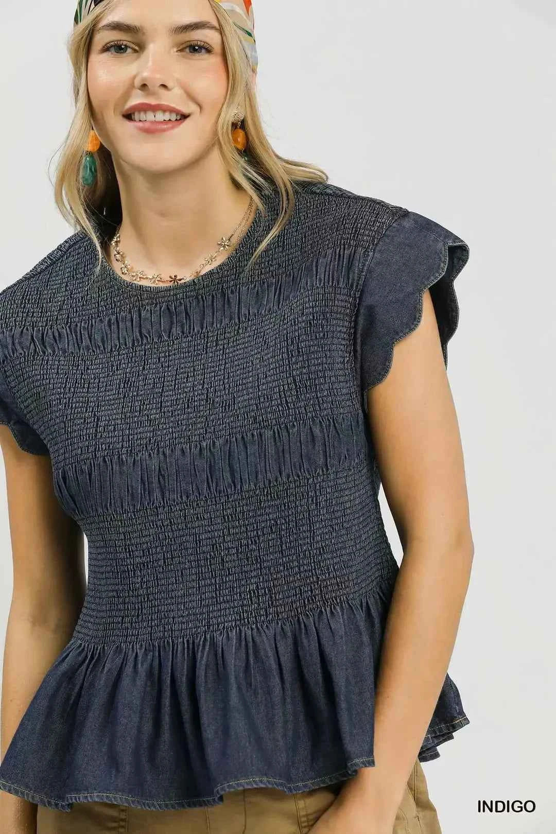 Indigo Smocked Peplum Top with Scalloped Ruffle Cap Sleeves by Umgee