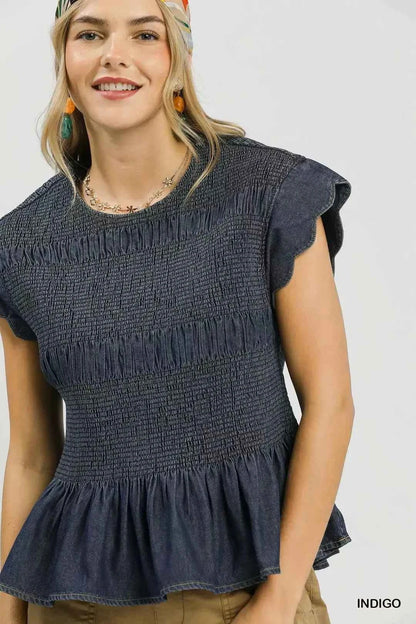 Indigo Smocked Peplum Top with Scalloped Ruffle Cap Sleeves by Umgee