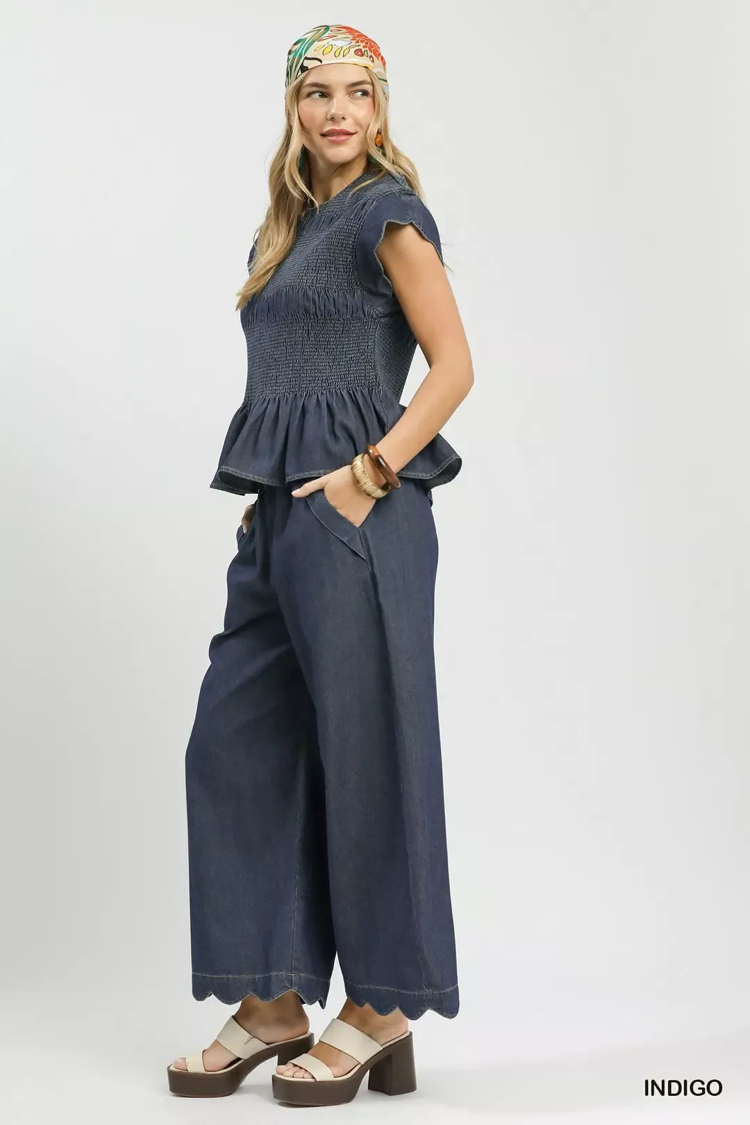 Indigo Smocked Peplum Top with Scalloped Ruffle Cap Sleeves by Umgee Full Side View