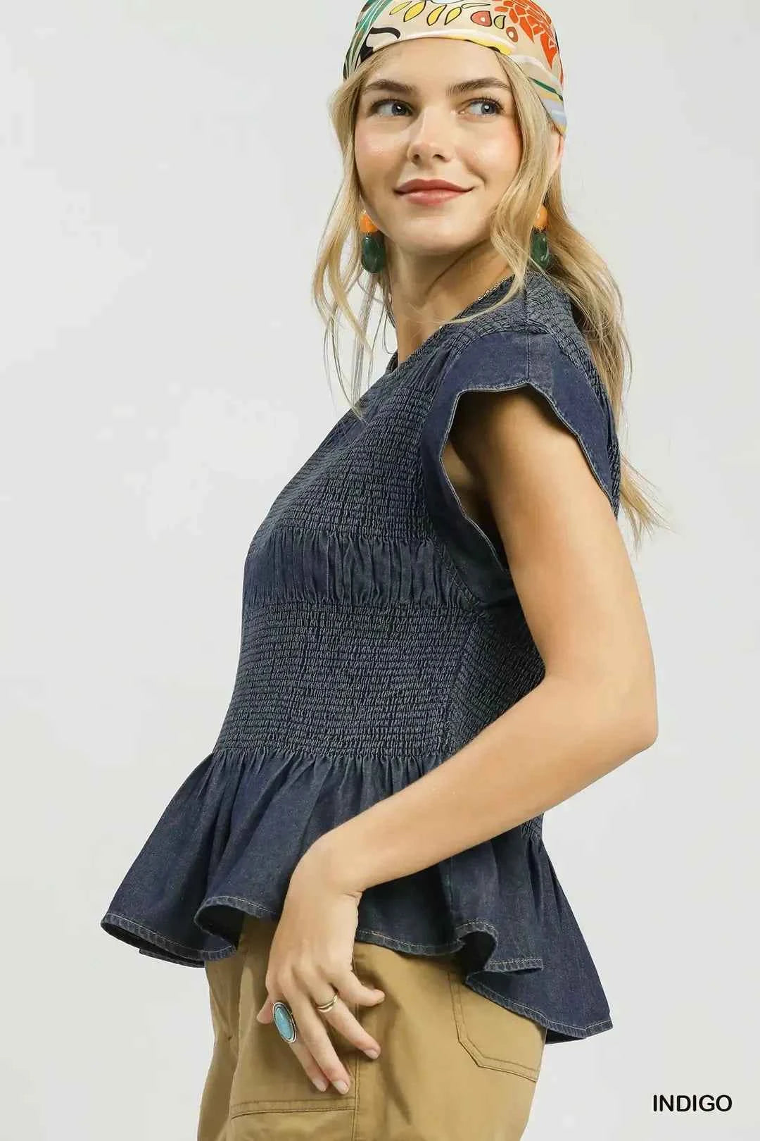 Indigo Smocked Peplum Top with Scalloped Ruffle Cap Sleeves by Umgee
