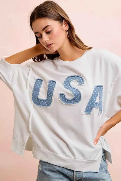 Ivory 4th Of July USA Letter Patchwork 3/4 Sleeve French Terry Top | BiBi Front View
