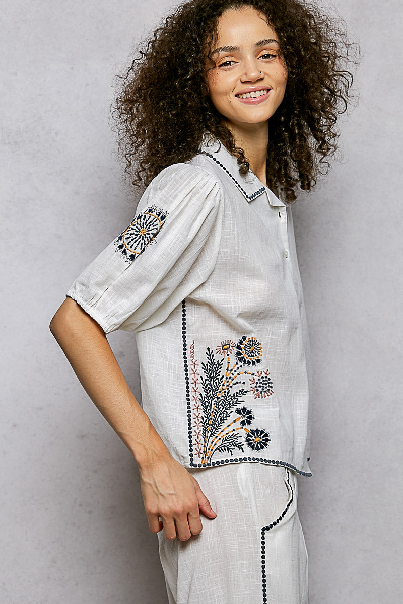 Ivory Button Down Embroidered Floral Short Sleeve Shirt by POL Side View