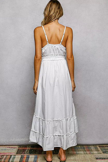 Ivory Embroidered Tassel Tie Smocked Waist Midi Tiered Cami Dress |POL Back View
