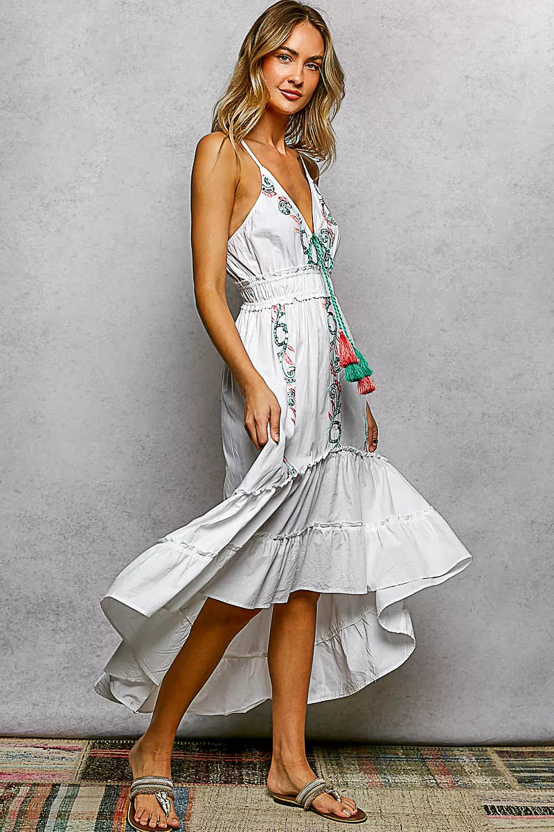 Ivory Embroidered Tassel Tie Smocked Waist Midi Tiered Cami Dress |POL Side View