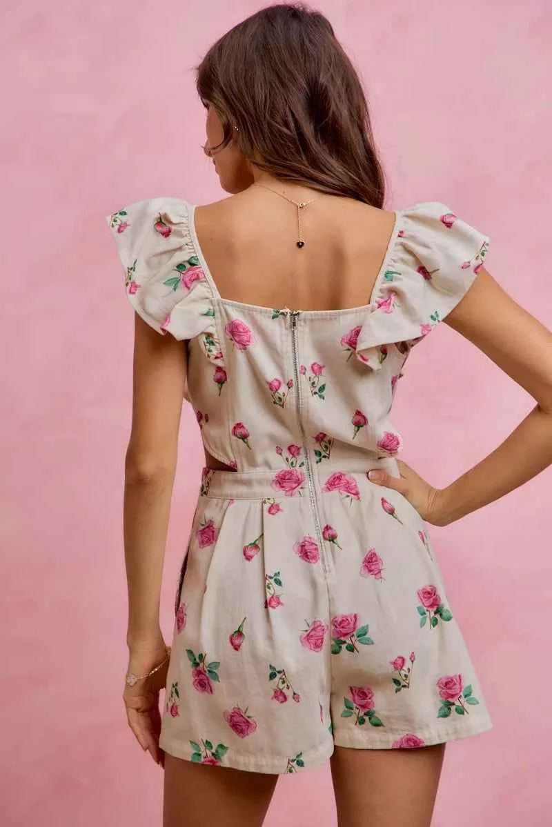 Ivory Floral Print Denim Cut Out Waist Ruffled Romper w/ Pockets by So Me Back View