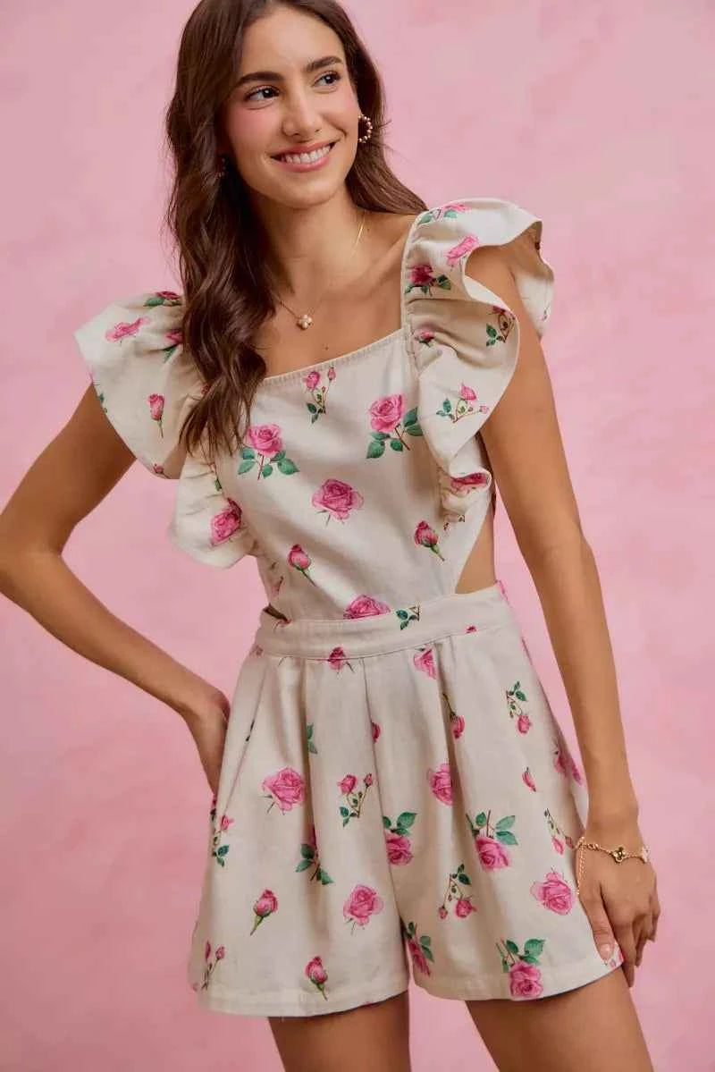 Ivory Floral Print Denim Cut Out Waist Ruffled Romper w/ Pockets by So Me Front View