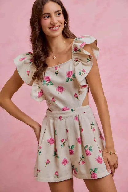 Ivory Floral Print Denim Cut Out Waist Ruffled Romper w/ Pockets by So Me Front View