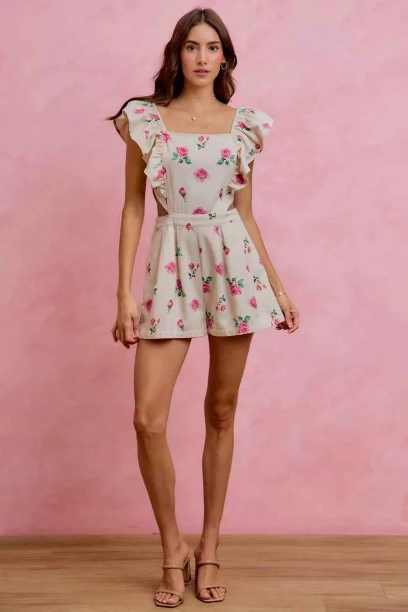 Ivory Floral Print Denim Cut Out Waist Ruffled Romper w/ Pockets by So Me Full View