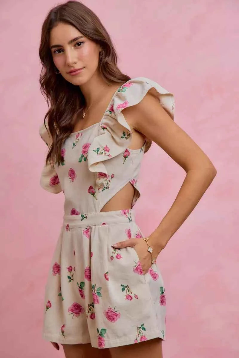 Ivory Floral Print Denim Cut Out Waist Ruffled Romper w/ Pockets by So Me Side View