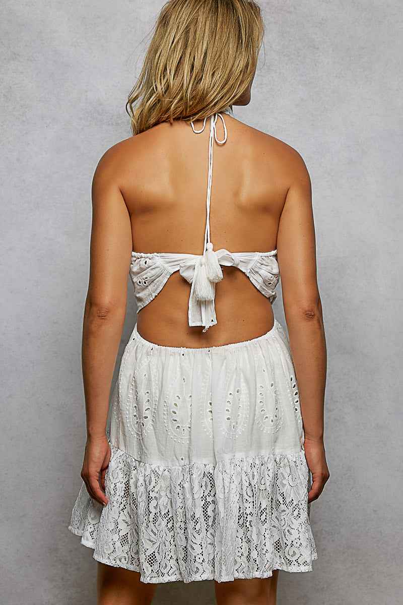 Ivory Halter Lace Patch Ruffle Mini Dress w/ Adjustable Tie Back | POL