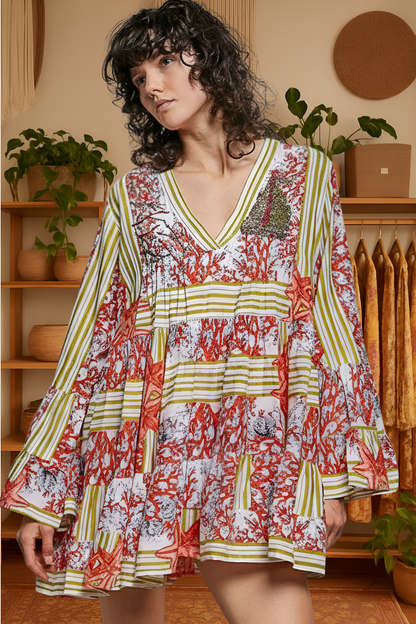 Ivory/Red Multi Striped Floral Long Sleeve Mini Dress W/ Pintuck Detail by POL Front View