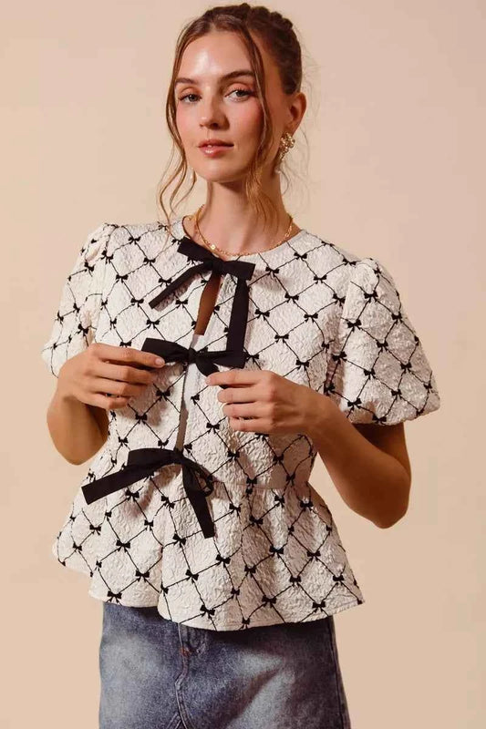 Ivory Textured Peplum Top with Bow Detail & Contrast Tie by So Me