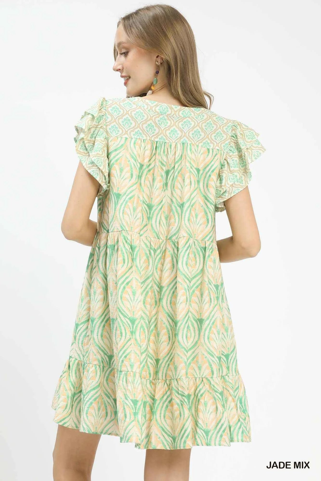 Jade Mix Printed Flutter Sleeve Dress by Umgee