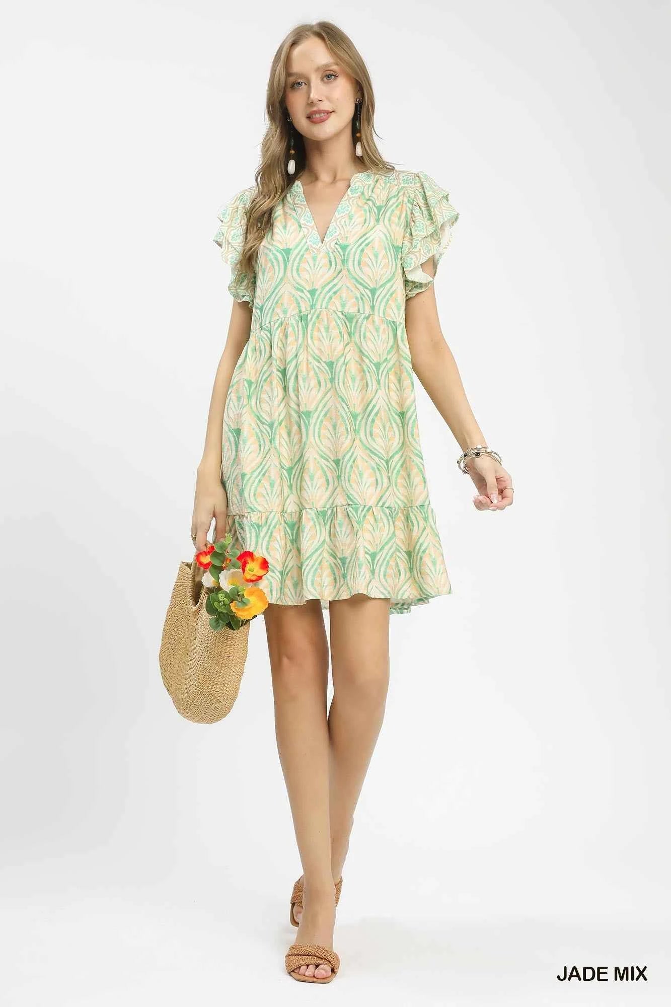 Jade Mix Printed Flutter Sleeve Dress by Umgee
