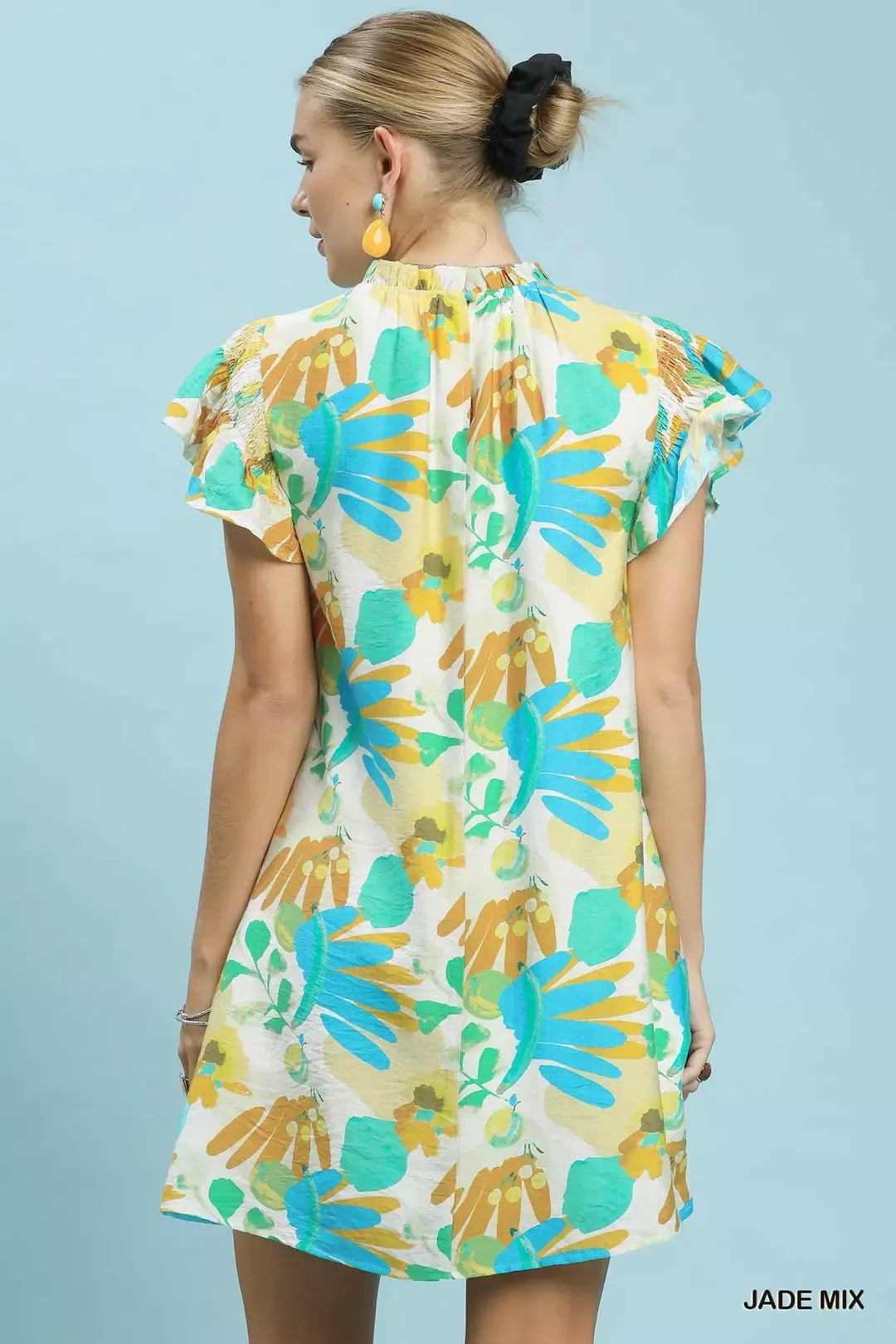 Jade Mix Ruffled Botanical Print Mini Dress by Umgee Back View