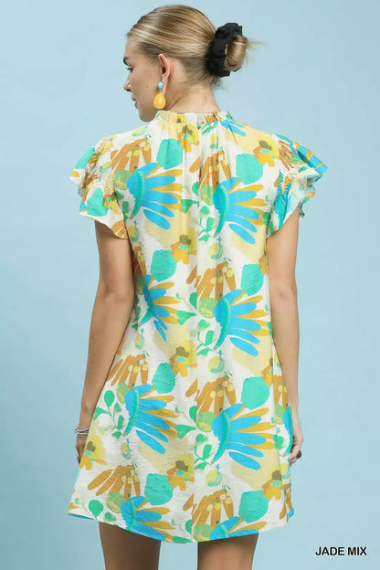Jade Mix Ruffled Botanical Print Mini Dress by Umgee Back View