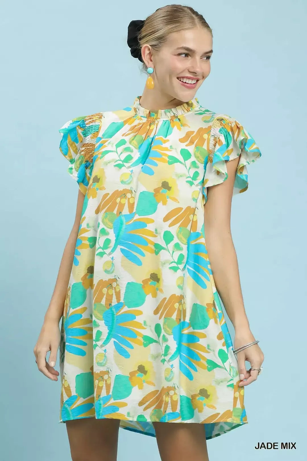 Jade Mix Ruffled Botanical Print Mini Dress by Umgee Front View