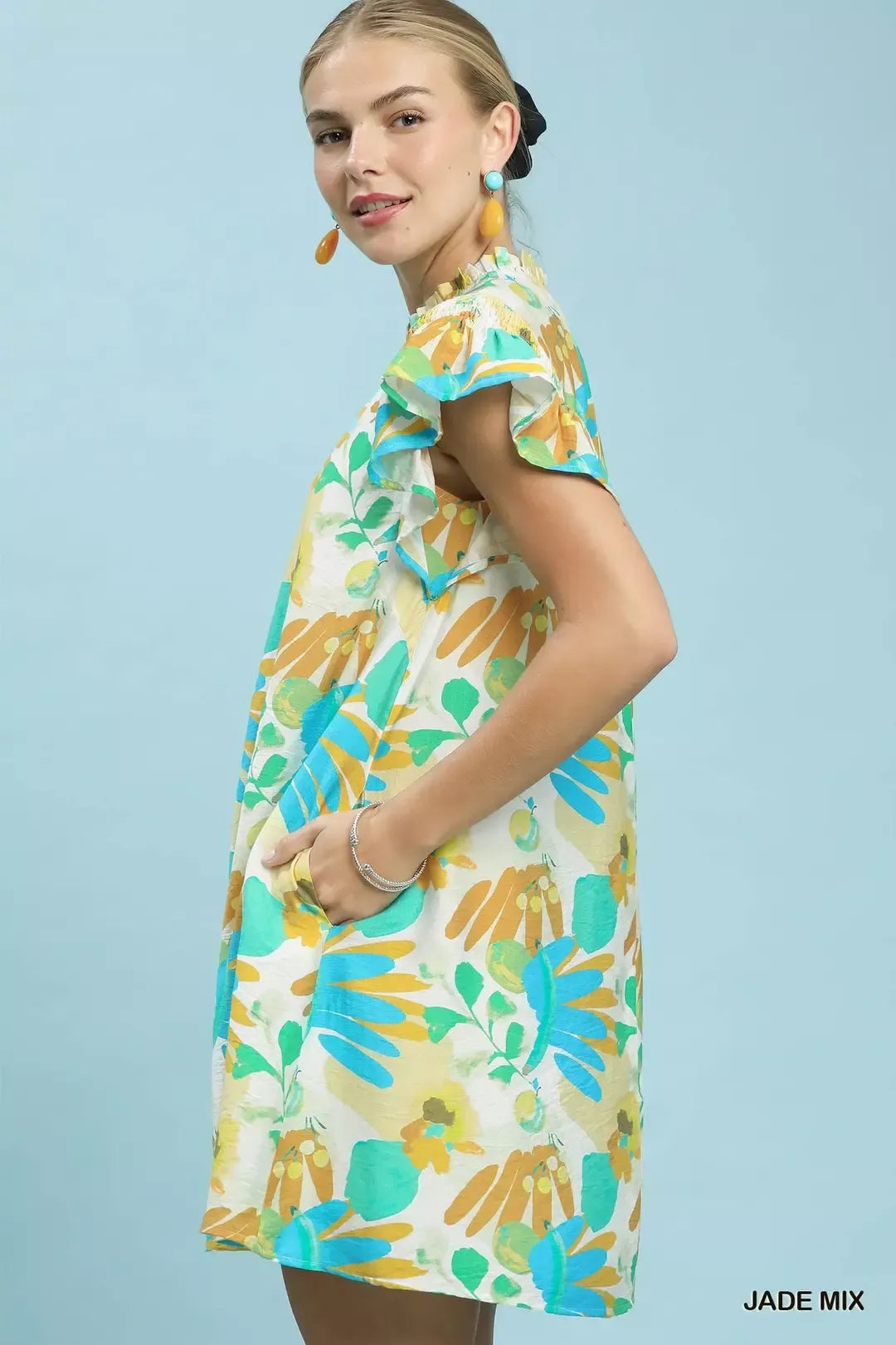 Jade Mix Ruffled Botanical Print Mini Dress by Umgee Side View