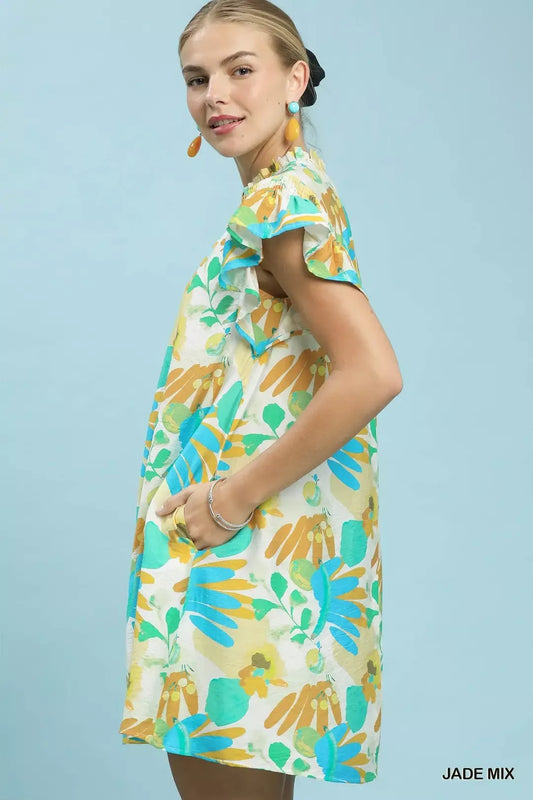 Jade Mix Ruffled Botanical Print Mini Dress by Umgee Side View