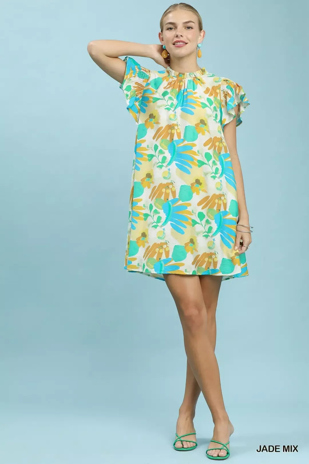 Jade Mix Ruffled Botanical Print Mini Dress by Umgee full View