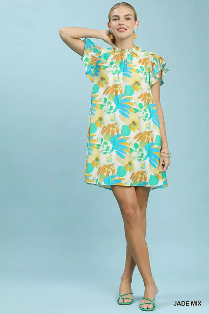 Jade Mix Ruffled Botanical Print Mini Dress by Umgee full View