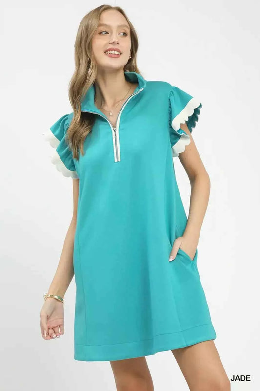 Jade Zip-Neck Flutter Sleeve Dress with Pockets by Umgee Front View